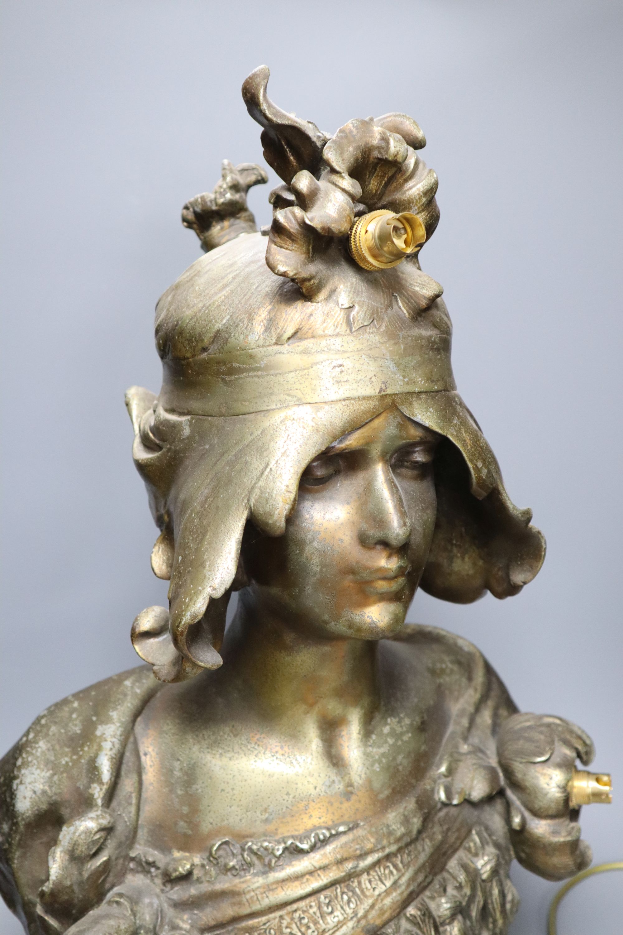 A bronze bust of a lady titled Alome, converted to a lamp, height 62cm
